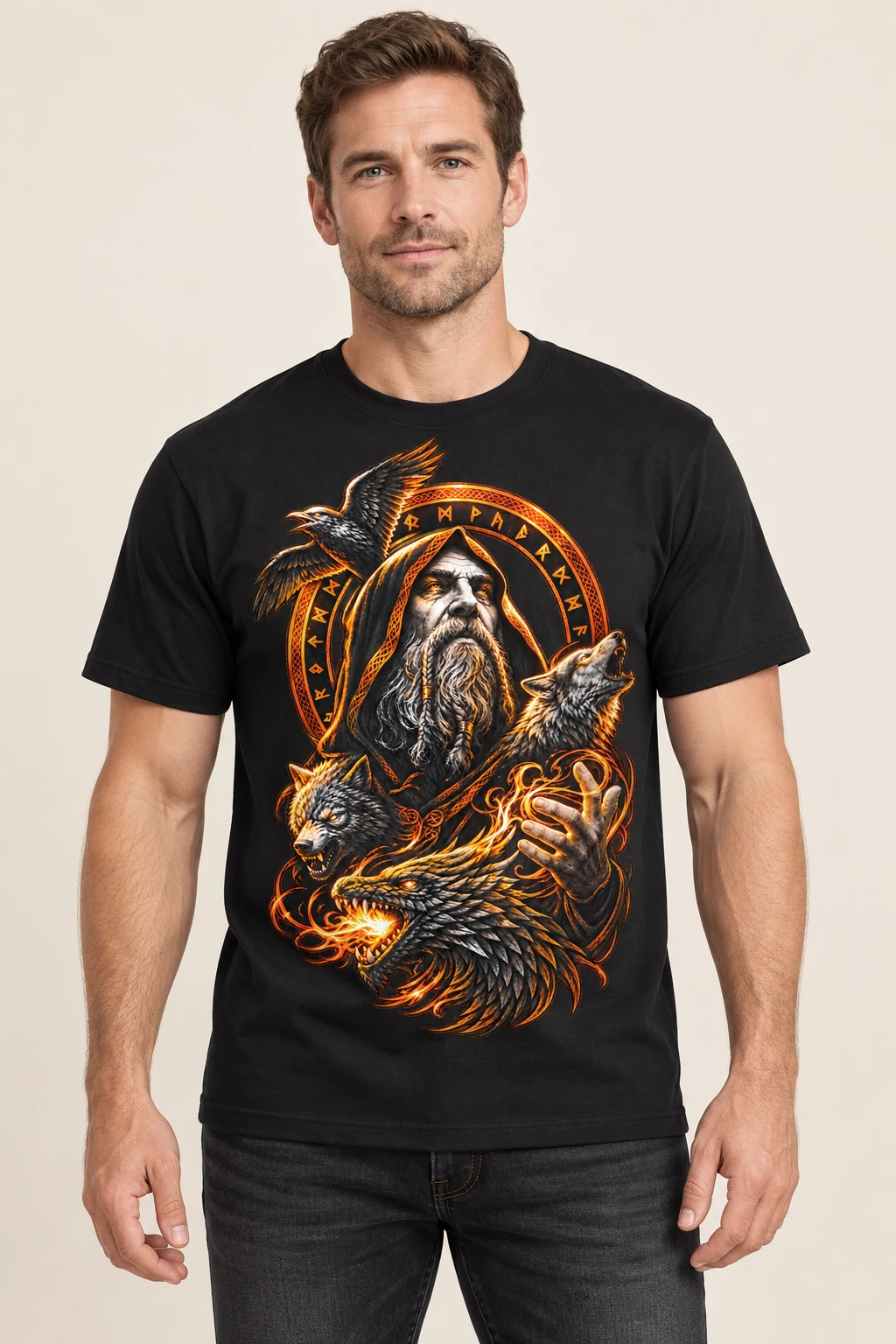 Aperçu du t-shirt noir Odin porté, avec le grand motif nordique sur le devant.