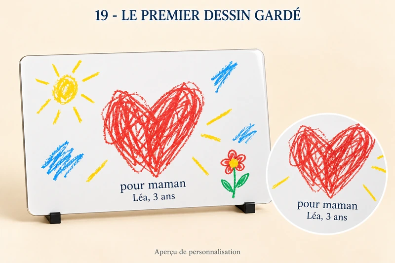 Le premier dessin gardé : plaque aluminium personnalisé, produit entier et zoom du motif