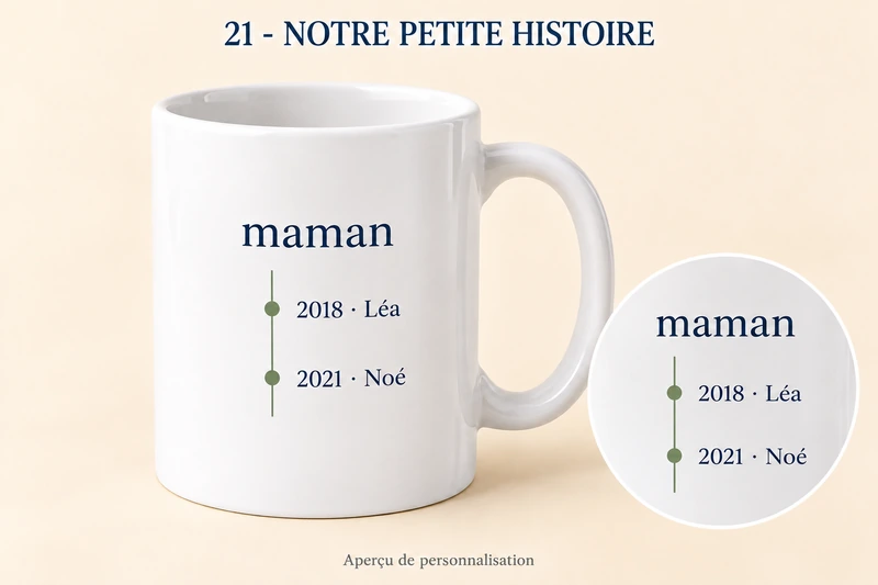 Notre petite histoire : mug personnalisé, produit entier et zoom du motif