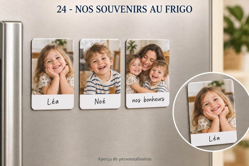Nos souvenirs au frigo : trio de magnets personnalisé, produit entier et zoom du motif