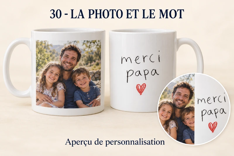 La photo et le mot : mug recto-verso personnalisé, produit entier et zoom du motif